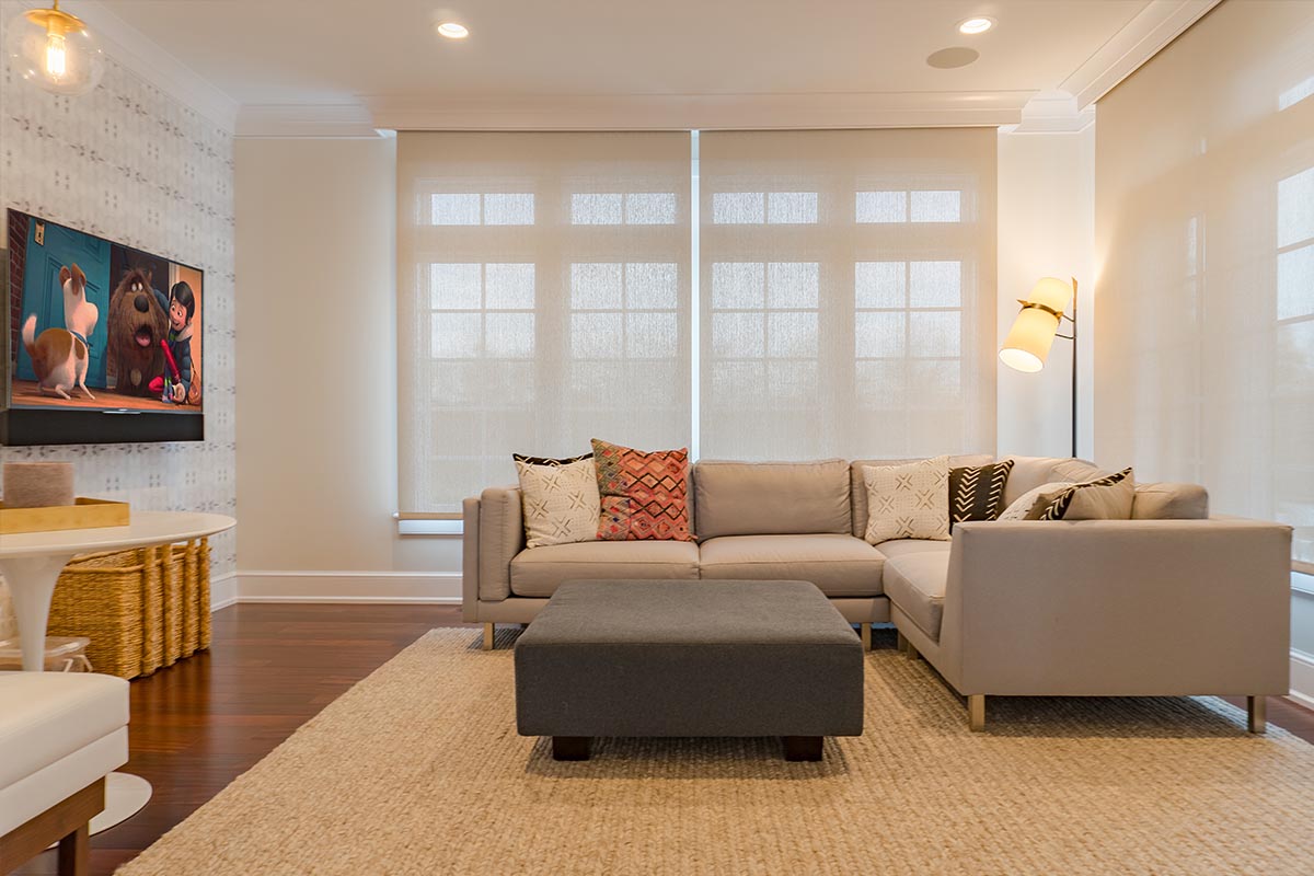 Living room with automated shades