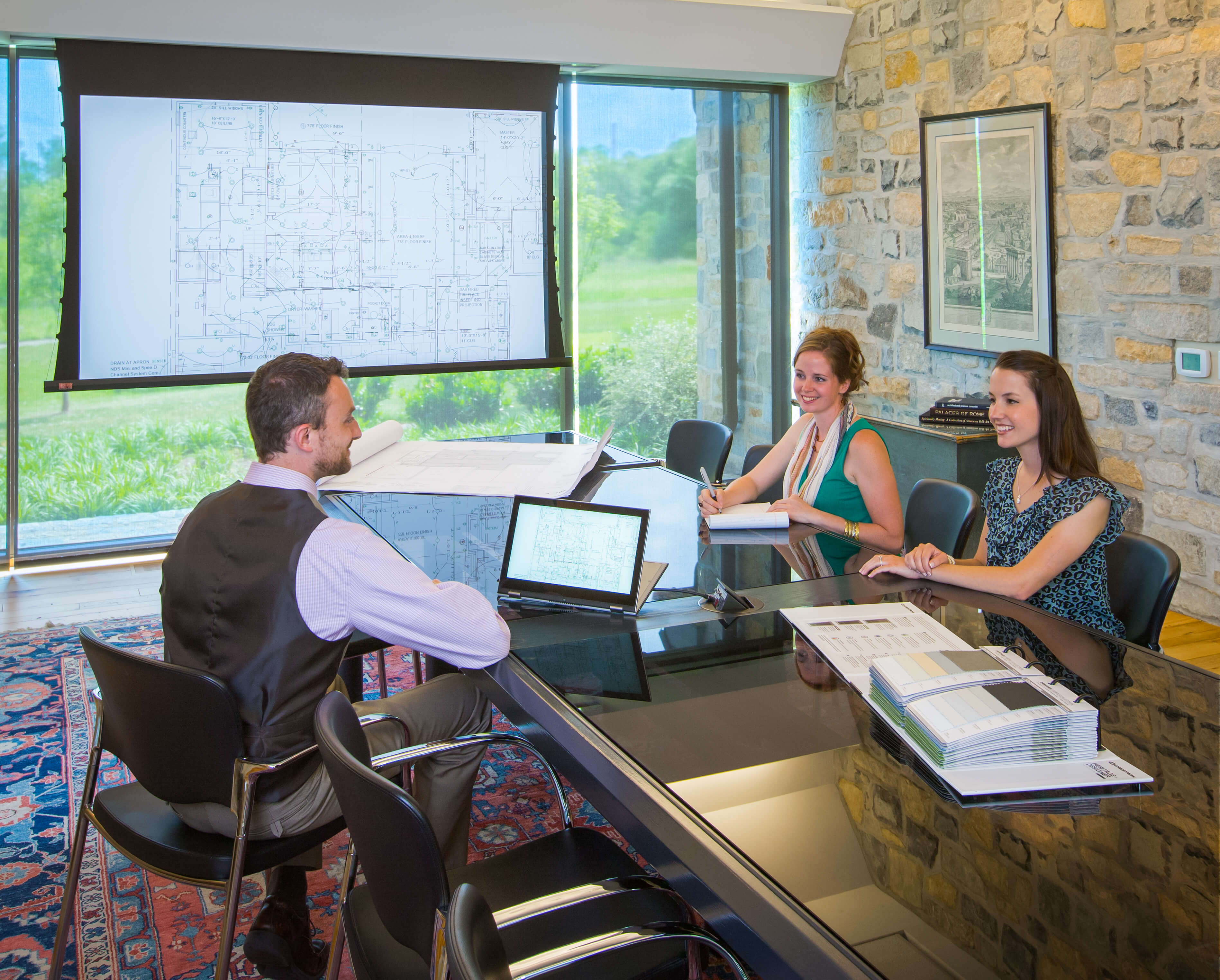 Corporate board room with projector screen