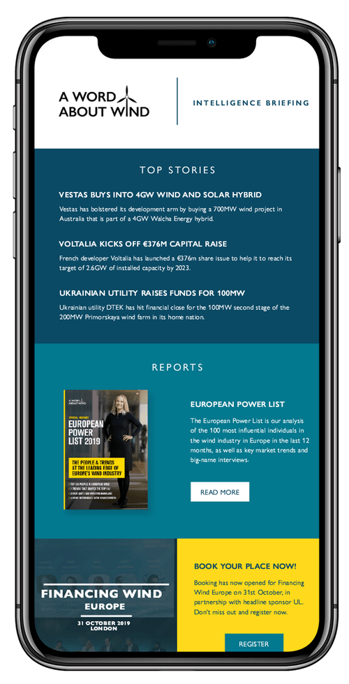 A Word About Wind email displayed on a mobile.