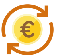 Eine Euromünze und zwei runde Pfeile, die die Einnhmen darstellen