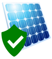 Ein blaues Photovoltaikpanel mit grünem Schild und Haken