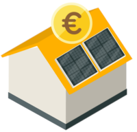 Ein orangenes Haus mit PV-Anlage und Euro Münze