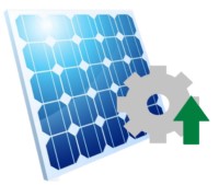 Ein Solarpanel mit Zahnrad und grünem Pfeil, die die Leistung der Anlage symbolisieren