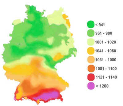 Eine Deutschlandkarte, auf der die Sonnenstunden regional farblich markiert sind