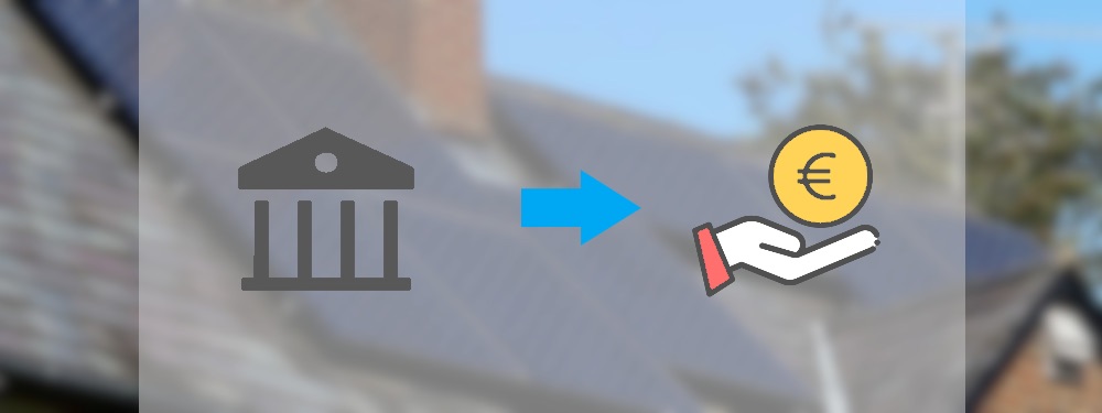 Ein Bankensymbol mit Hand und Euromünze, die die PV-Förderung darstellen