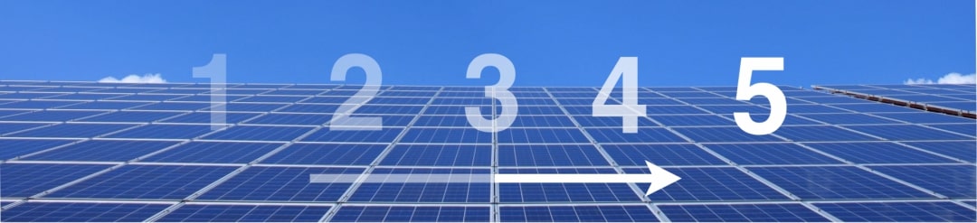 Fünf Zahlen auf einer Solaranlage, die die fünf Schritte der Anschaffung einer PV-Anlage in Hamburg symbolisieren