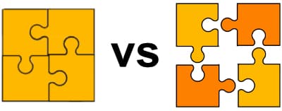 Vier Puzzleteile, einmal zusammen, einmal einzeln