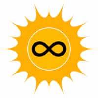 Eine gelbe Sonne mit Symbol der Unendlichkeit als Zeichen der Unerschöpflichkeit der Solarenergie