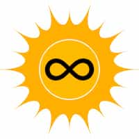 Eine gelbe Sonne mit Symbol der Unendlichkeit als Zeichen der Unerschöpflichkeit der Solarenergie