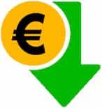 Eine gelbe Münze mit Euro Zeichen mit grünem Pfeil, der nach unten zeigt