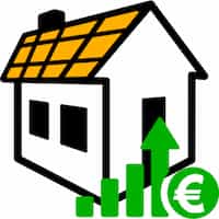 Ein kleines Haus mit Euro Zeichen und Symbol, das eine Steigerung zeigt