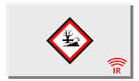 Eine weiße Infrarotheizung mit Icon, das Umweltschädlichkeit symbolisiert