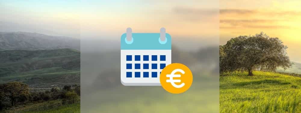 Ein Kalender- und Geld-Symbol mit Natur im Hintergrund, die den Stromverbrauch einer Luftwärmepumpe im Jahresverlauf symbolisieren sollen