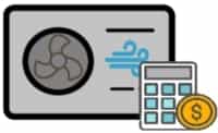 Icon einer Luftwärmepumpe mit Taschenrechner und Geldsymbol