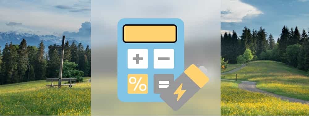 Taschenrechner und Batterie Icons mit Natur im Hintergrund
