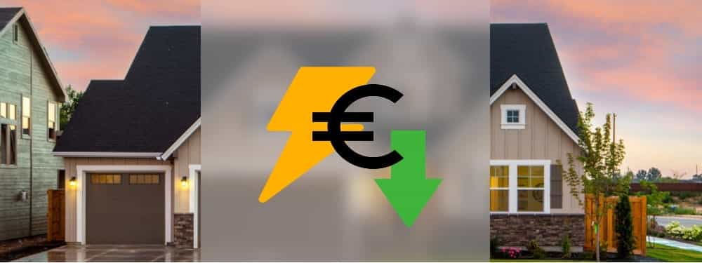 Strom und Euro Symbole mit grünem Pfeil und einem Haus im Hintergrund, die Tipps zum Strom sparen darstellen