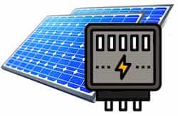 Zwei Solarpanel in blau und ein Icon eines Stromzählers im Vordergrund
