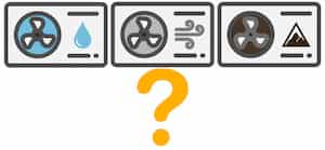 Drei Icons verschiedener Wärmepumpen mit gelbem Fragezeichen