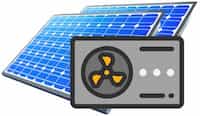Ein Icon einer grauen Wärmepumpe mit zwei blauen Solarmodulen