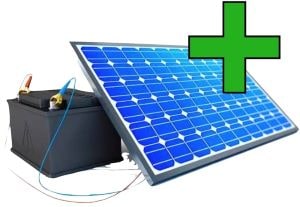 Ein Stromspeicher neben Solarpanel und grünem Plus Symbol