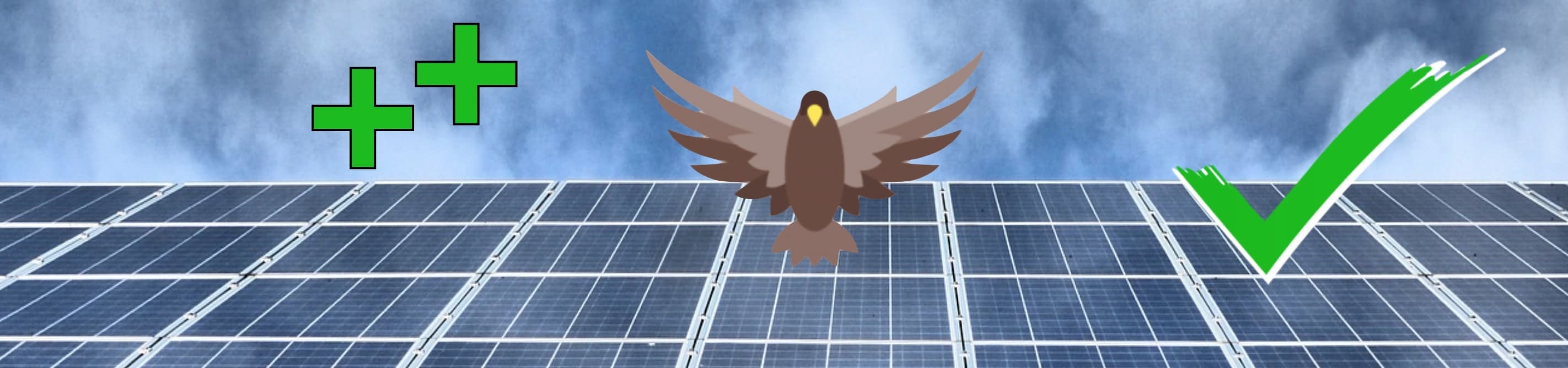Eine Solar-Inselanlage mit Haken und zwei Plus Symbolen, die Vorteile und den Sinn der PV-Anlage symbolisieren