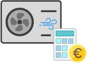 Icon einer Luftwärmepumpe mit Taschenrechner und Geldsymbol