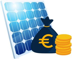 Ein blaues PV-Modul mit Geld Symbol