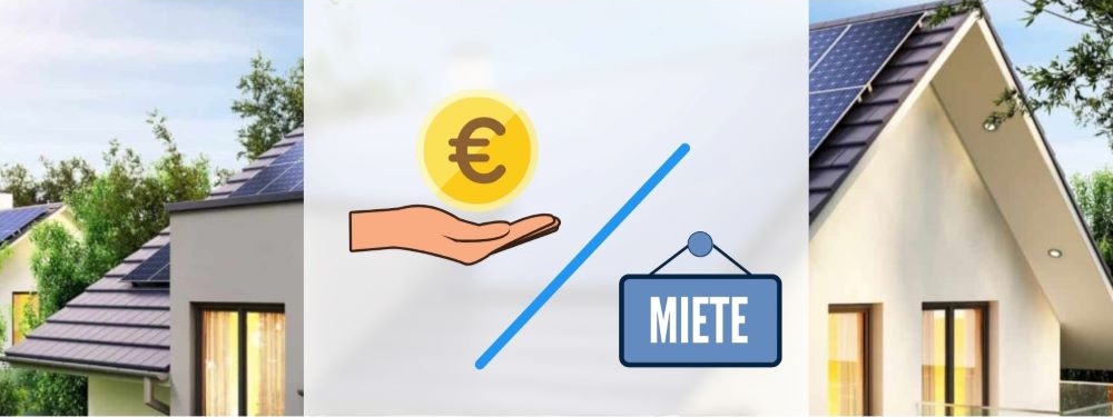 Eine PV-Anlage auf einem Dach mit einem Kauf-Symbol und einem Symbol der Miete
