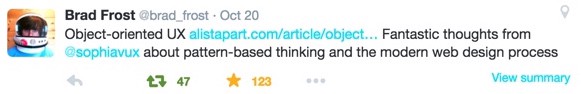 Twitter screenshot: Brad Frost @brad_frost says, "Fantastic thoughts from Sophia about pattern-based thinking and modern web design process"