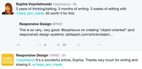 Twitter screenshot: Responsive Design @RWD says, "It's a wonderful article, Sophia. Thanks very much for writing and sharing it."