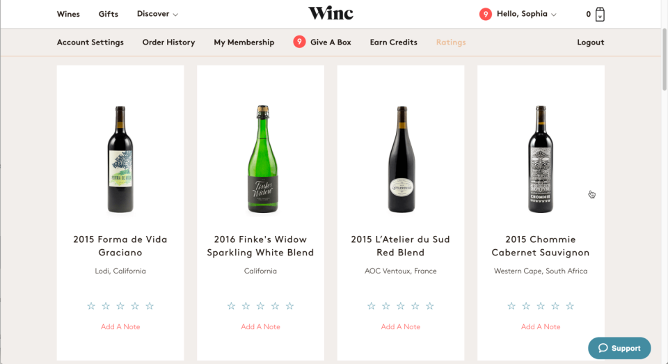 The Ratings tab of Winc.com. These wine modules include the ability to star a wine and add a note, but don’t show the user when the wine was received.