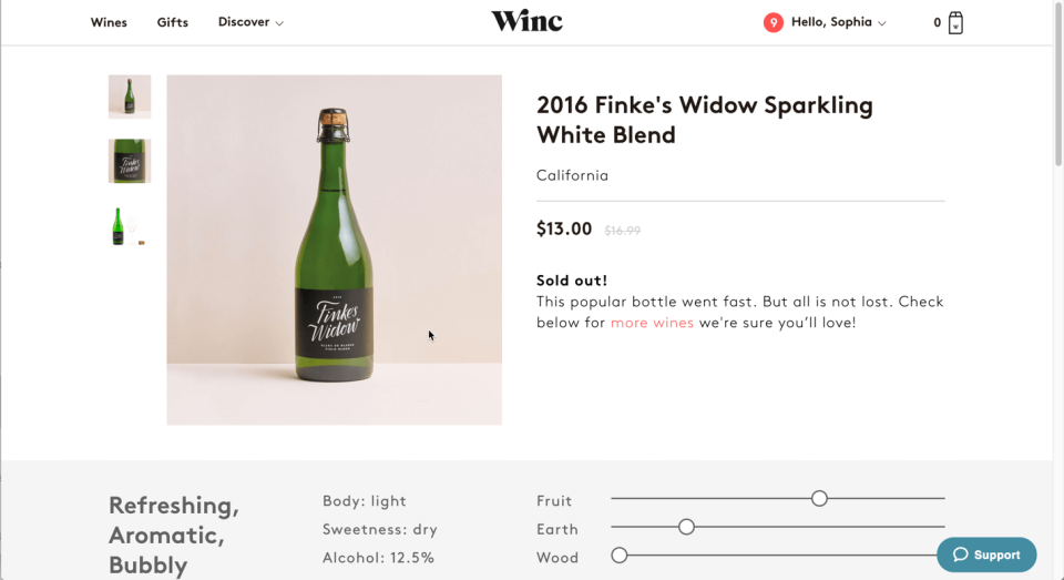 The Winc’s wine detail page displays descriptive information about the wine, but nothing about the user’s past interactions with the wine.