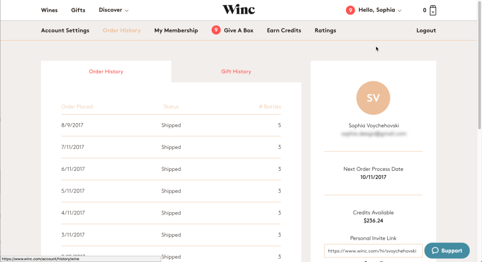 Winc’s Order History is not much more than a table of dates.