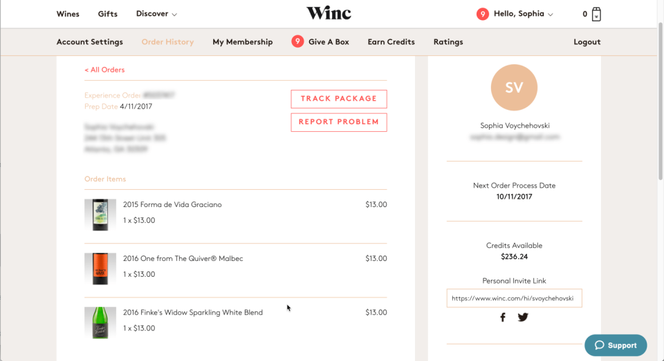 Winc’s Order History detail view is where I finally find the delivery date of the wine in question.