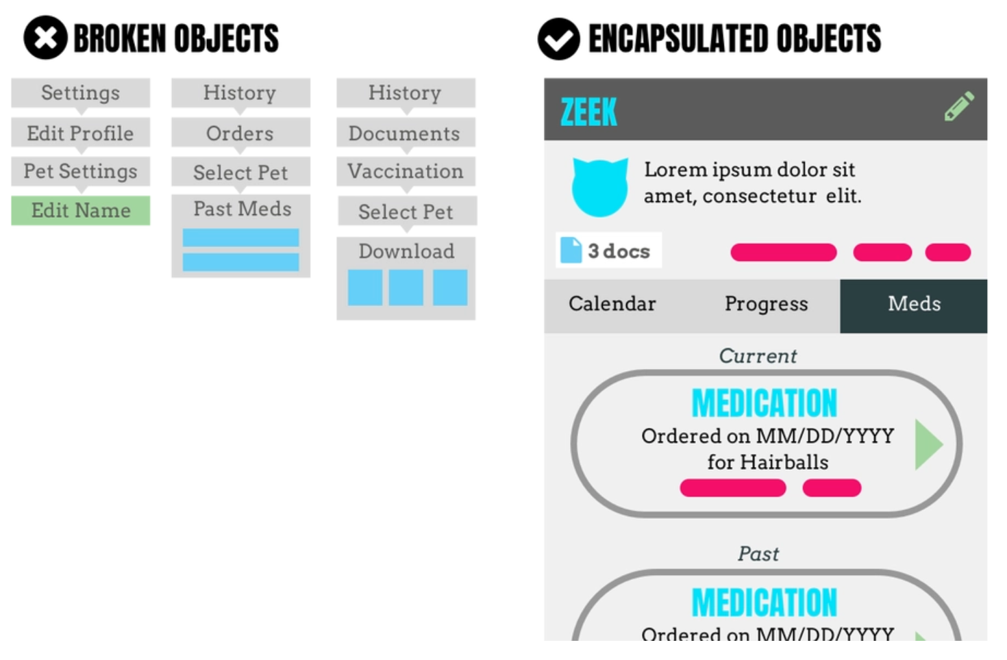 Avoid scattering an object’s data and actions across settings, buried menu commands, and hierarchical navigation.