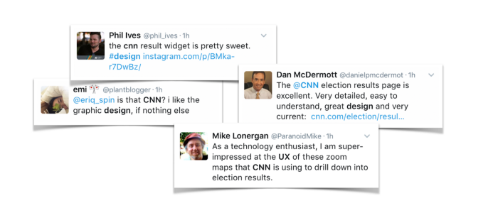 A screenshot of four tweets praising the CNN election results design. “The cnn result widget is pretty sweet.”