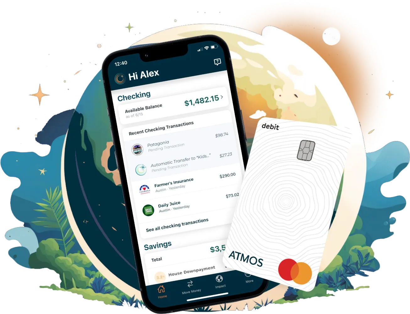 Atmos app open on a smartphone and Atmos Debit card on a background of dark blue and a globe