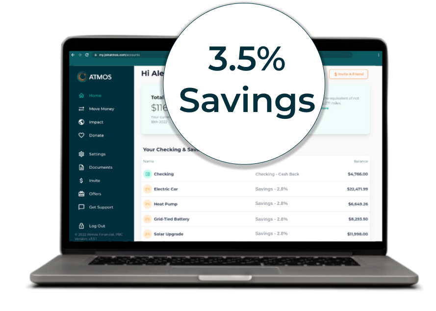 A laptop open to the Atmos Financial website. A popup reads 3.5% Savings