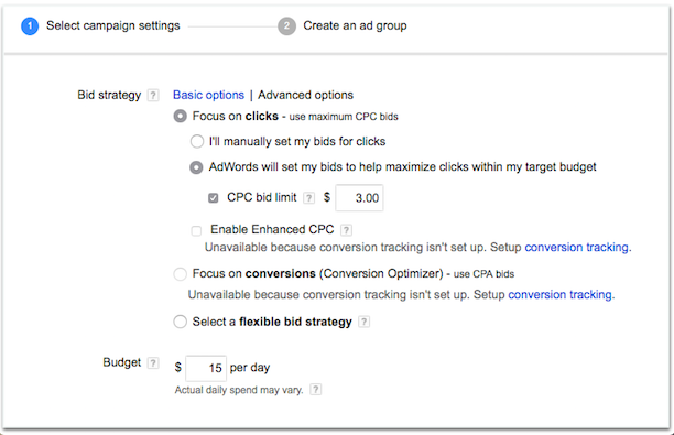 Google AdWords budget bid strategy