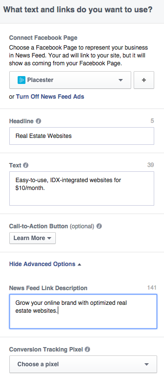 Facebook Ad Clicks to Website Advanced Options