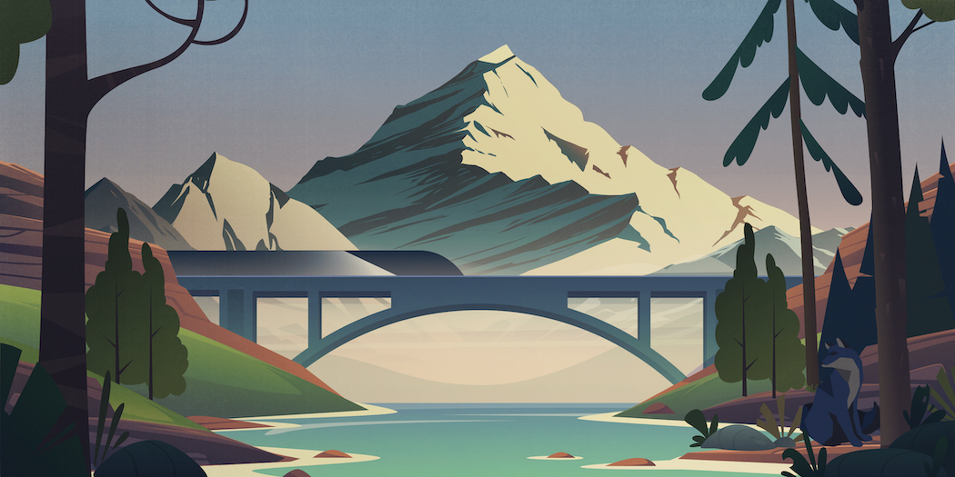 ShapeShift fox standing by the river overlooking a mountainous landscape with a bridge and train passing by