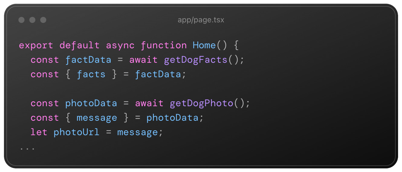 A code snippet showing the data from our fetch requests stored as variables