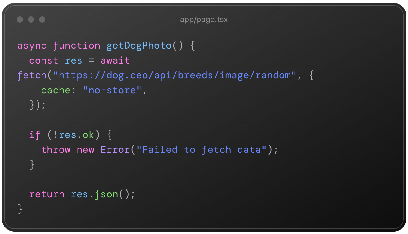 A function called getDogPhoto() which contains a fetch request along with options