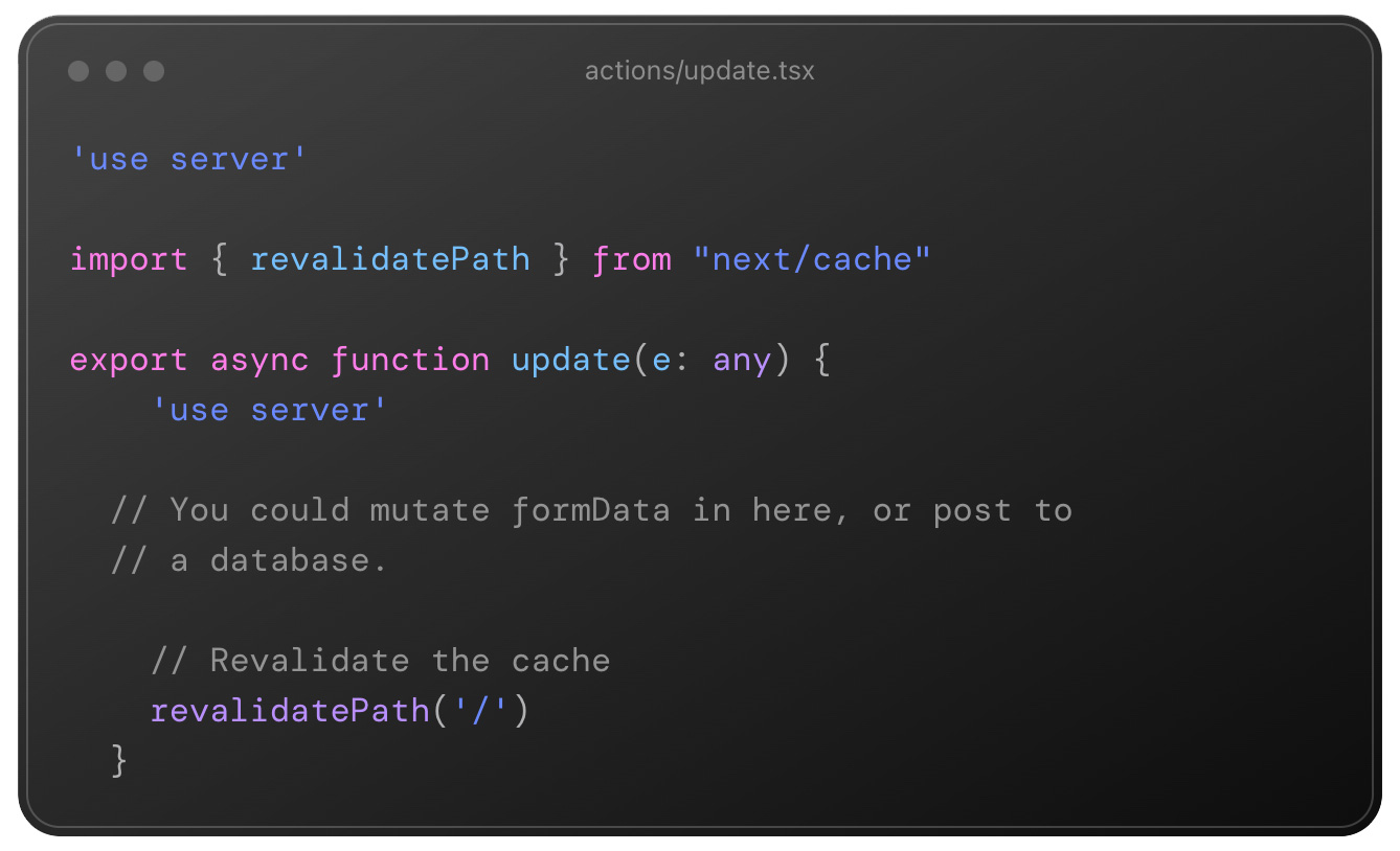 A code snippet showing a basic server action