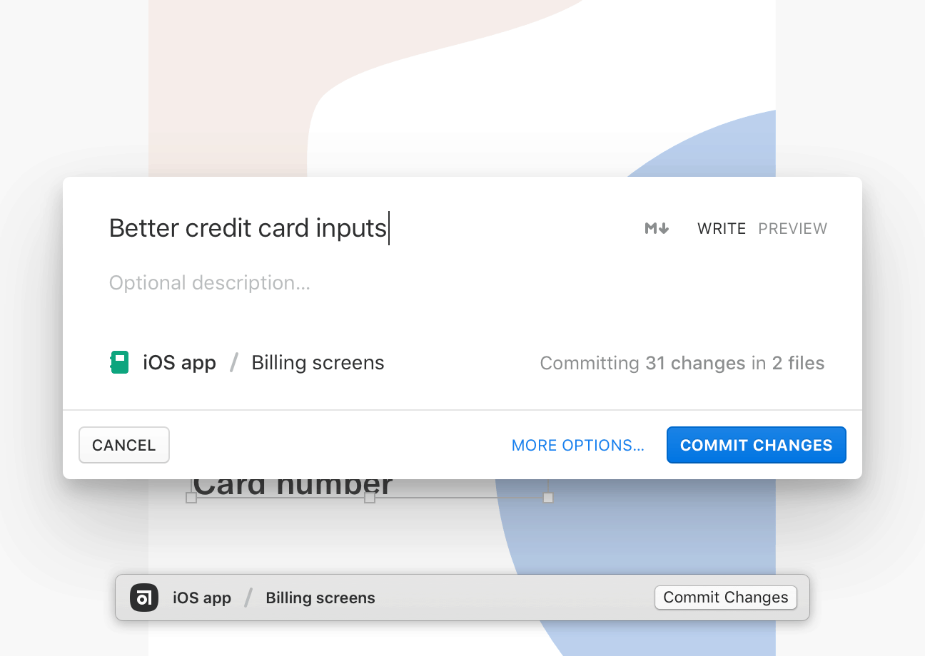 Abstract’s Quick Commit modal shows a designer committing changes without leaving Sketch