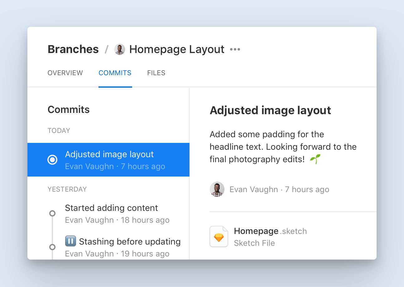 The Commit history of a Branch called 'Homepage Layout' shows three recent Commit messages that provide context for each design decision