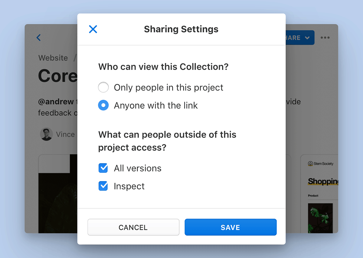 Settings in Abstract allow users to create public share links