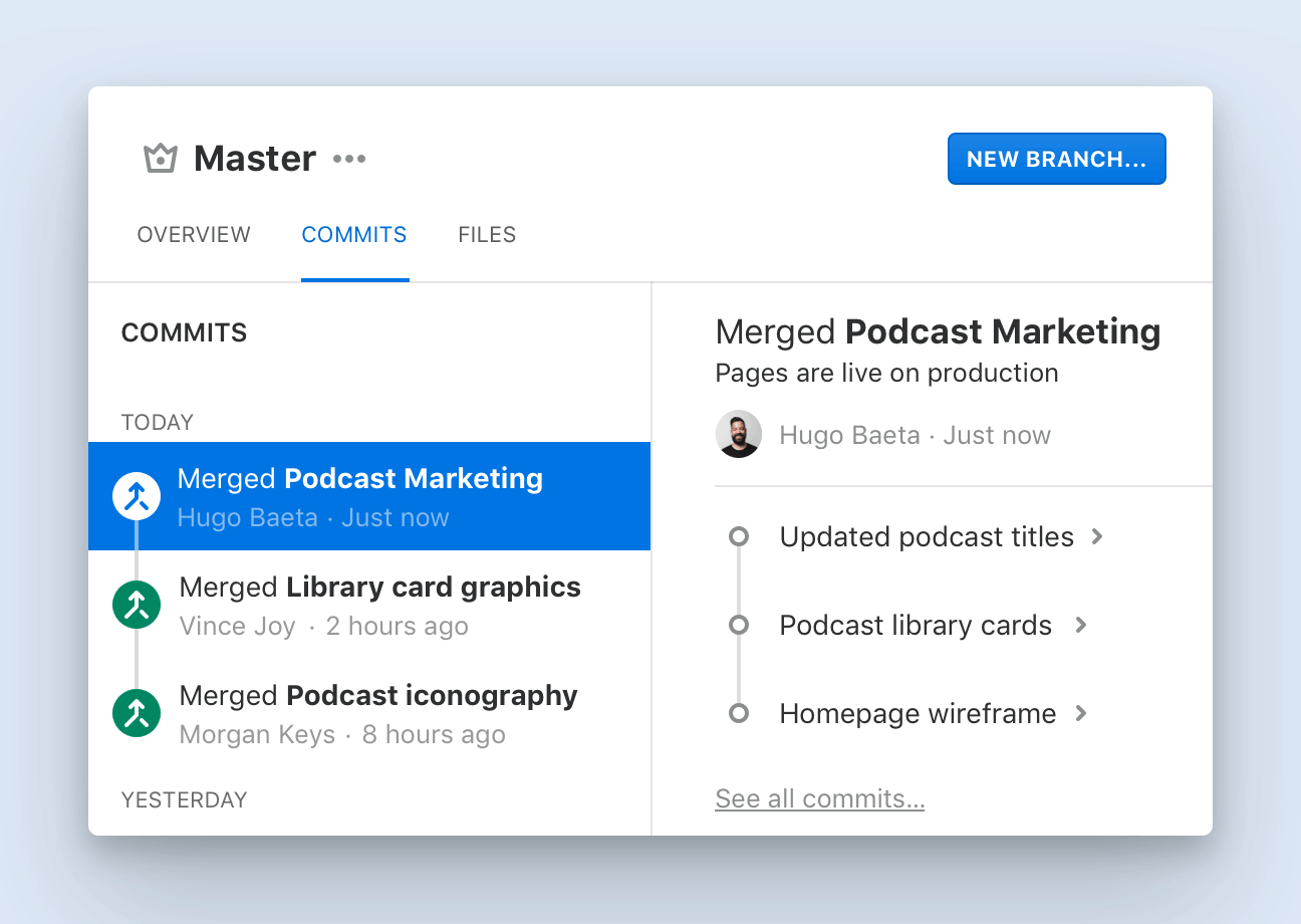 The Commit log on the Master Branch shows the history of every design decision, plus a detail view for the latest version