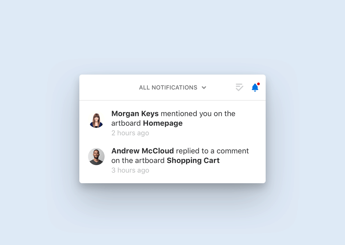 Notifications window in Abstract with mentions and replies to comments from the team