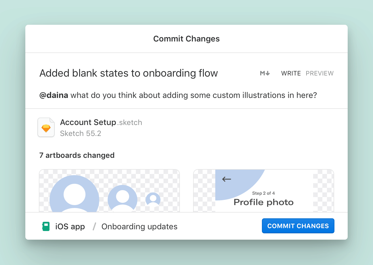 Abstract’s advanced Commit window includes a message tagging another user, and a summary of all the changes since last commit